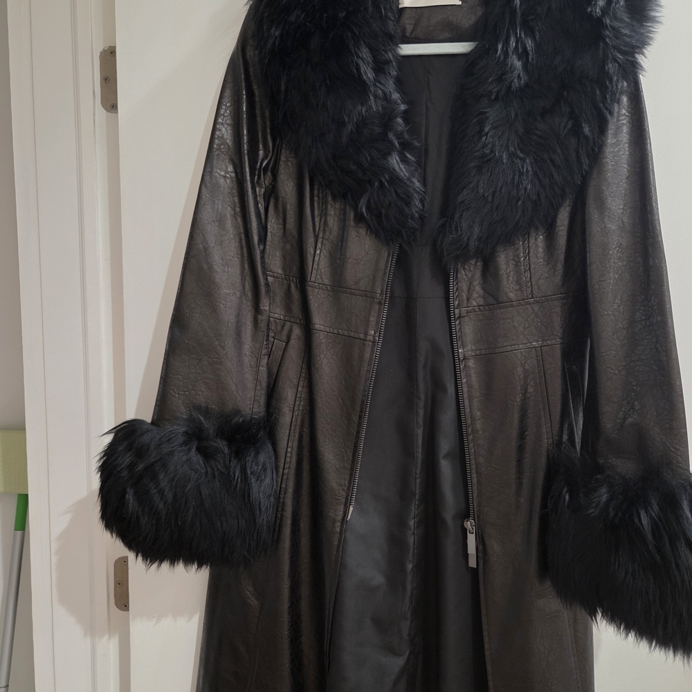 Pamela Black Shearling Trim Longline Coat
